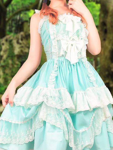 Image of Sweet Lolita JSK Dress Secret Forest Lace Ruffle Bow Poplin Lolita Jumper Skirt