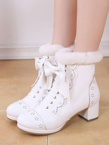 Milanoo Sweet Lolita Boots Bow Frill Furry Chunky Heel White Lolita Footwear