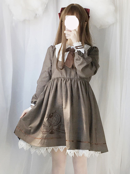 Milanoo Classic Lolita OP Dress Lace Trim Bow Pleated Brown Lolita One Piece Dress