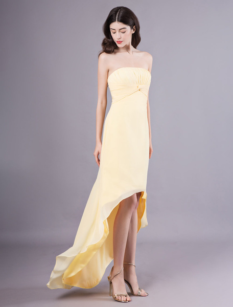Image of Short Bridesmaid Dresses Daffodil High Low Chiffon Twisted Asymmetrical Prom Dress