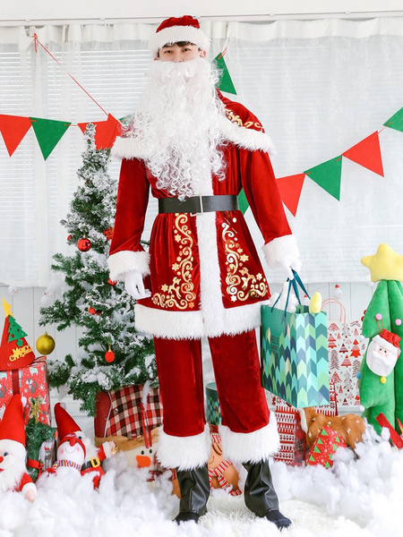 Image of Carnevale Costume da Babbo Natale da uomo Top pantaloni da barba Cappello da barba Cape Sash Copriscarpe 7 pezzi Costume Halloween