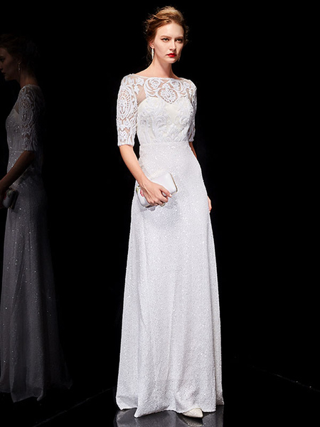 Milanoo White Evening Dresses Lace Half Sleeve Sequin Long Formal Occasion Dress