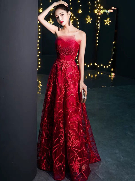Milanoo Prom Dresses Long Burgundystrapless Lace Formal Evening Gowns