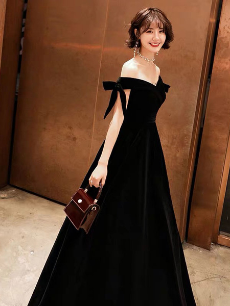 Prom Dresses Long Velvet Off Shoulder Bows Black Floor Length Formal Gowns