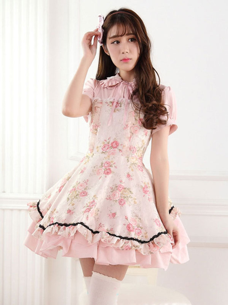 Image of Abiti Lolita con maniche 2024 Lolita classico One Piece Lace Up Dress Ruffles Pink stampato abiti Lolita One Piece