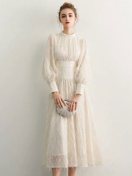 Milanoo Cocktail Dresses Long Sleeve Lace Tea Length Wedding Guest Dress