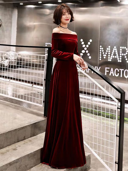 Milanoo Evening Dresses Velvet Long Sleeve Off Shoulder Maxi Formal Gowns