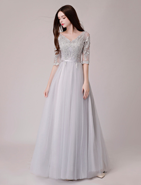 Image of Prom Dresses Long V Neck Half Sleeve Tulle Applique Tulle Formal Evening Gowns
