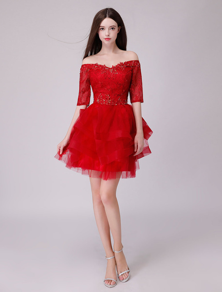 Image of Short Homecoming Dresses Off The Shoulder Lace Tulle Beaded Tutu Prom Dress