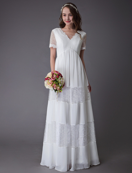 Image of Boho Wedding Dresses Lace Chiffon Patchwork Ivory Short Sleeve Gypsy Maxi Beach Bridal Gowns
