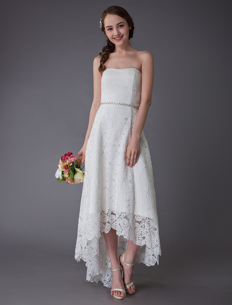 Milanoo Simple Wedding Dresses Lace High Low Strapless Sash Asymmetrical Short Bridal Dress