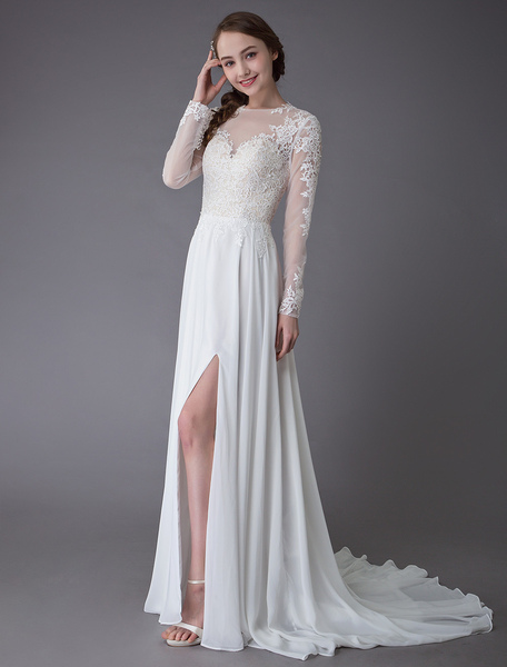 Milanoo Wedding Dresses Long Sleeve Lace Chiffon Sexy High Split Illusion Summer Bridal Gowns