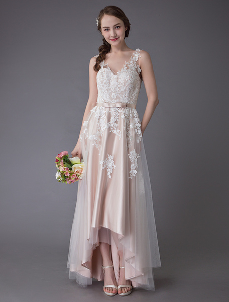 Milanoo Lace Wedding Dresses High Low Bow Sash Tulle Applique Summer Beach Colored Bridal Gowns