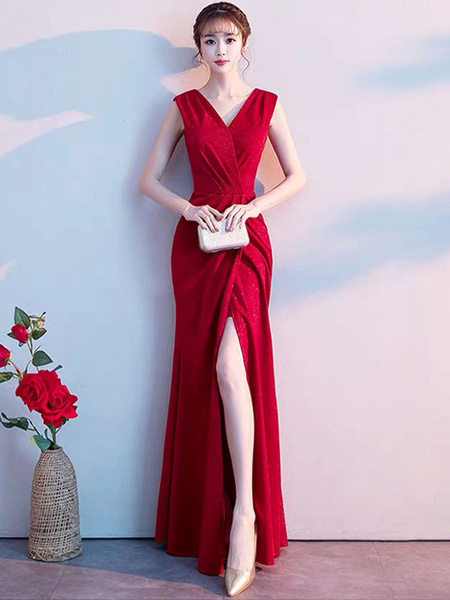 Image of Sexy Evening Dresses V Neck Maxi Pleated Burgundy Formal Gowns
