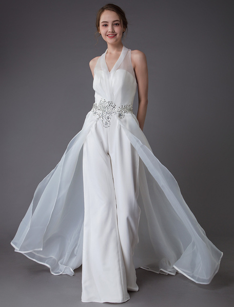 Milanoo Ivory Wedding Jumpsuits Halter V Neck Rhinestones Backless Culottes Bridal Dress