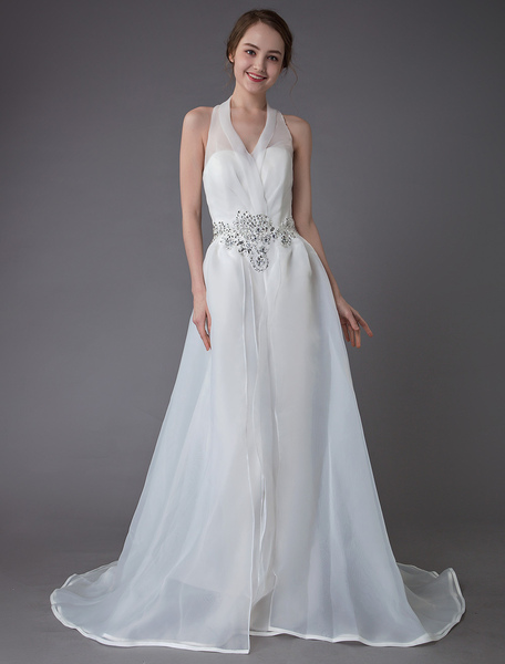 Milanoo Ivory Wedding Jumpsuits Halter V Neck Rhinestones Backless Culottes Bridal Dress