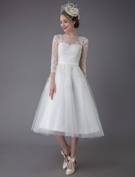 Milanoo Vintage Wedding Dresses Tulle Bateau 3/4 Length Sleeve A Line Bridal Gown Short Bridal Dress