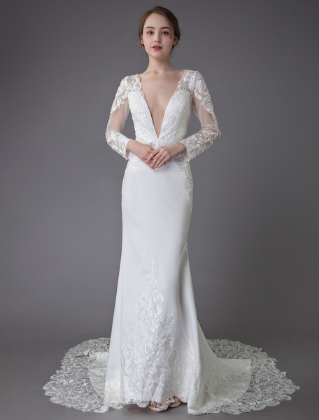 Milanoo Beach Wedding Dresses Ivory Lace V Neck Long Sleeve Mermaid Bridal Gown With Train