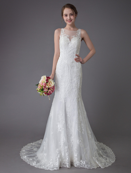 Milanoo Lace Wedding Dress Ivory Illusion Neckline Sleeveless Chain Beach Wedding Dress Mermaid Brid