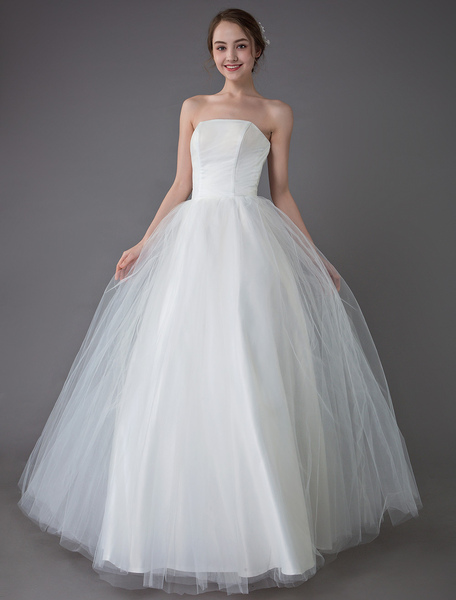 Milanoo Tulle Wedding Dress Ivory Strapless Sleeveless Princess Dress Ball Gown Floor Length Bridal