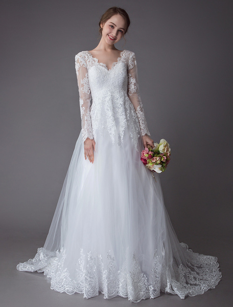 Milanoo Lace Wedding Dresses Ball Gown V Neck Long Sleeve Backless Princess Bridal Dress