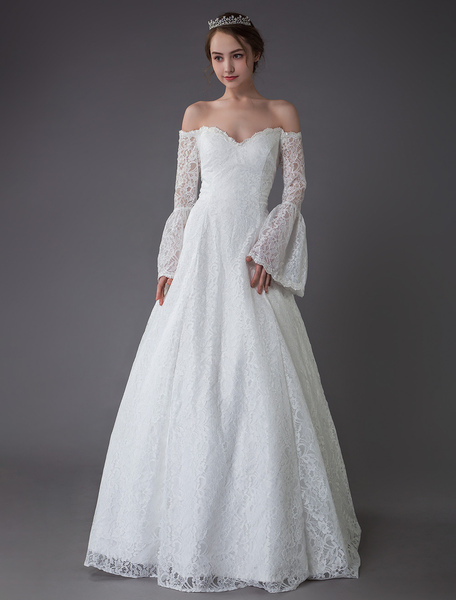 Milanoo Princess Wedding Dresses Lace Off The Shoulder Long Sleeve A Line Floor Length Bridal Gown