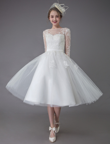 Milanoo Vintage Wedding Dresses Tulle Bateau 3/4 Length Sleeve A Line Bridal Gown Short Bridal Dress