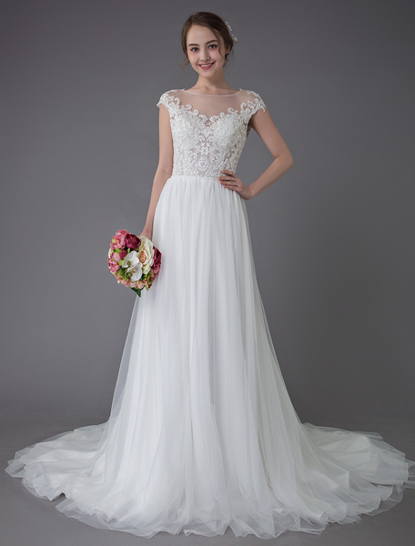 Milanoo Beach Wedding Dresses Lace Tulle Summer A Line Ivory Luxury Beaded Summer Bridal Gowns