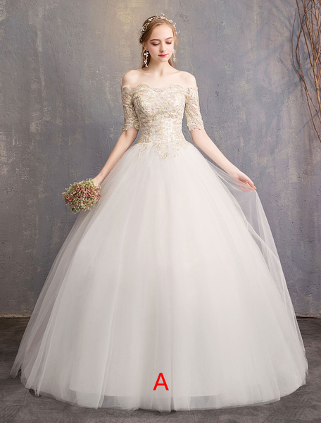 Milanoo Tulle Wedding Dress Off The Shoulder Half Sleeve Princess Bridal Gown