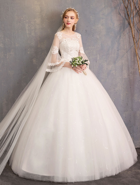 Milanoo Ball Gown Wedding Dresses Tulle Jewel 3/4 Length Sleeve Floor Length Princess Bridal Gown