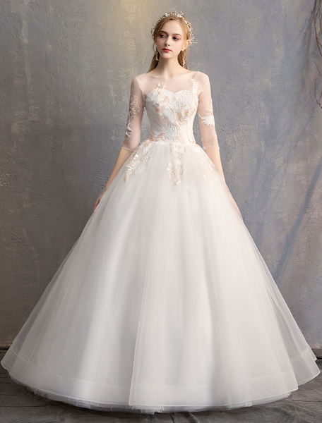 Milanoo Ball Gown Princess Wedding Dresses Ivory Half Sleeve Backless Applique Bridal Dress