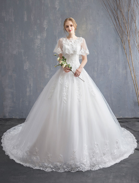 

Milanoo Princess Wedding Dresses Ball Gown Lace Beaded Tulle Long Train Bridal Dress, Ivory