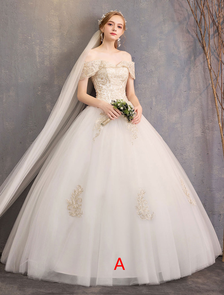 Milanoo Princess Wedding Dress Ivory Lace Applique Off The Shoulder Short Sleeve Bridal Gown