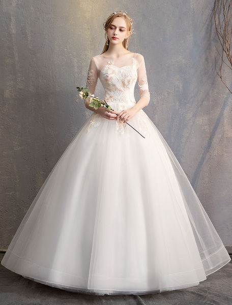 Milanoo Ball Gown Princess Wedding Dresses Ivory Half Sleeve Backless Applique Bridal Dress