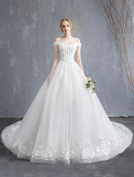 

Milanoo Princess Wedding Dresses Ball Gown Lace Beaded Chains Off The Shoulder Bridal Dress, Ivory