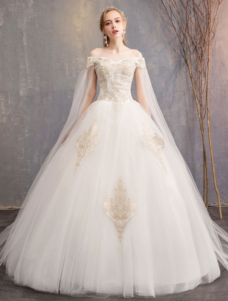 Milanoo Wedding Dresses Tulle Off The Shoulder Short Sleeve Lace Applique Princess Bridal Gown