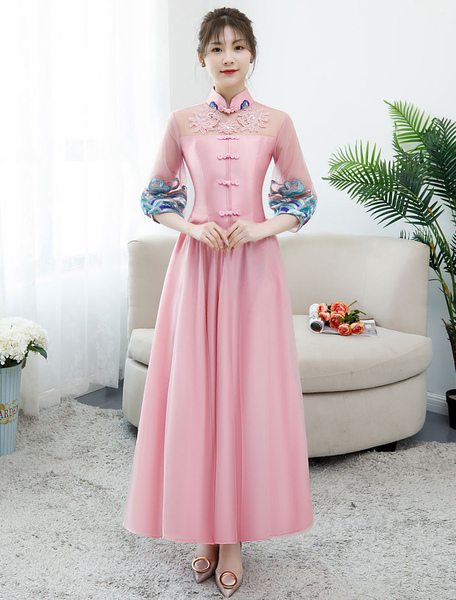 Image of Pink Bridesmaid Dress 2020 Satin Stand Collar Half Sleeve Crop Top Ankle Length Graduation Party Dresses