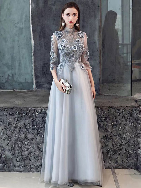 Milanoo Ormal Dinner Dress 2021 Flower Lace Applique Half Sleeve Floor Length Social Evening Party D