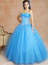 Robe de boule bleue en satin et organdi avec broderie de perle 
