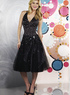 Black Deep V-Neck Knee Length Beading Tulle Net Satin Prom Dress