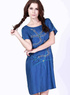 Moderne bleu col rond manches courtes artificielle coton femmes Soie Robe Taille Plus