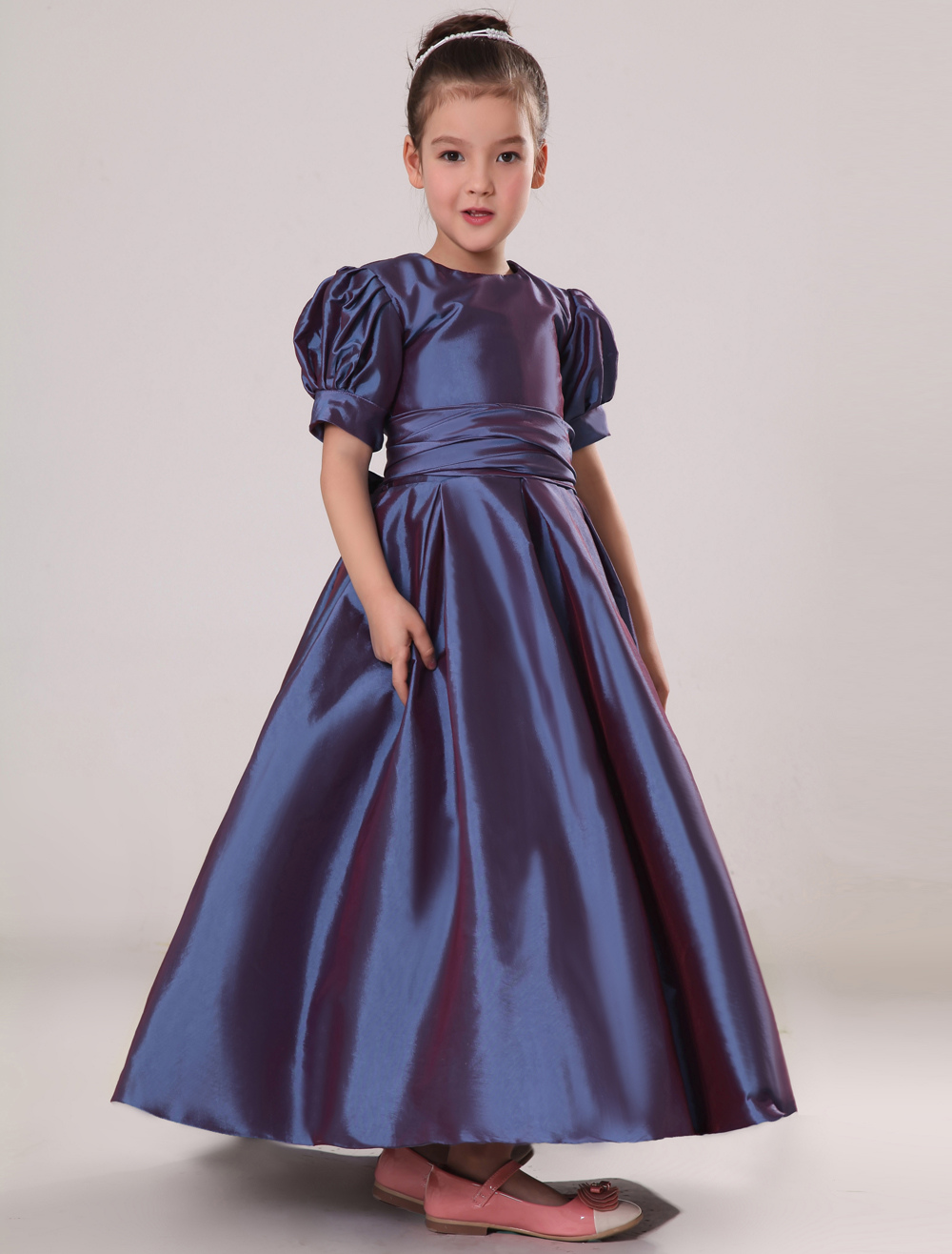 Short Puff Sleeves Taffeta Sash Flower Girl Dress Junior Bridesmaid