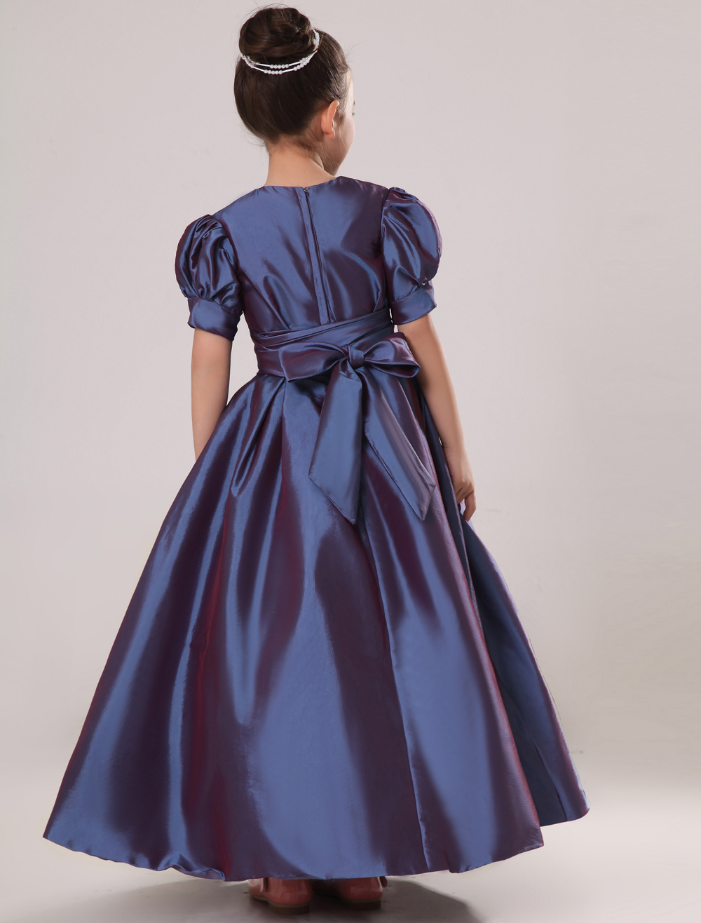 Short Puff Sleeves Taffeta Sash Flower Girl Dress Junior Bridesmaid