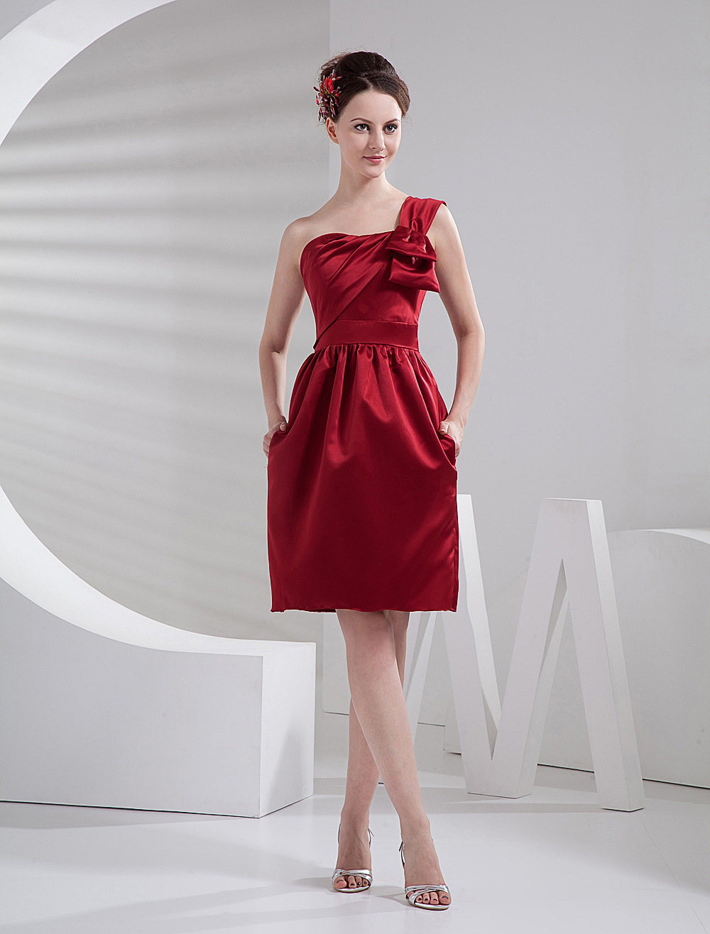 Wedding One Shoulder Bridesmaid Dresses burgundy knee length satin one shoulder bridesmaid dress milanoo com