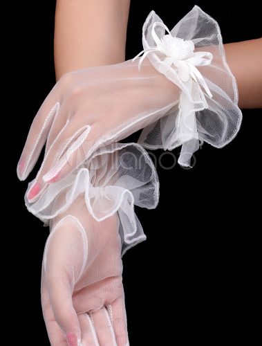 Transparent Ivory Satin Applique Wedding Short Gloves For Brides