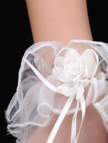 Transparent Ivory Satin Applique Wedding Short Gloves For Brides