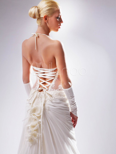 2012 White Halter Satin Chiffon Embroidery Pleated Sweep Bridal Gown