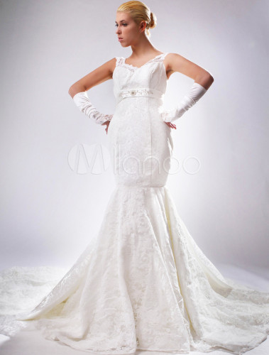 2011 White Mermaid Trumpet Flaring Train Satin Lace Wedding Gown