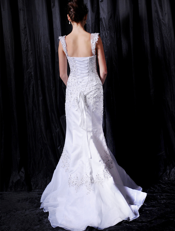 White Mermaid Trumpet Cap Sleeves Lace Satin Tulle Applique Wedding Dress