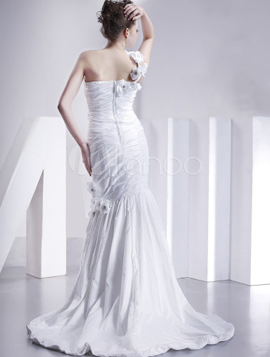 White One Shoulder Taffeta Satin Silk Mermaid Trumpet Wedding Gown